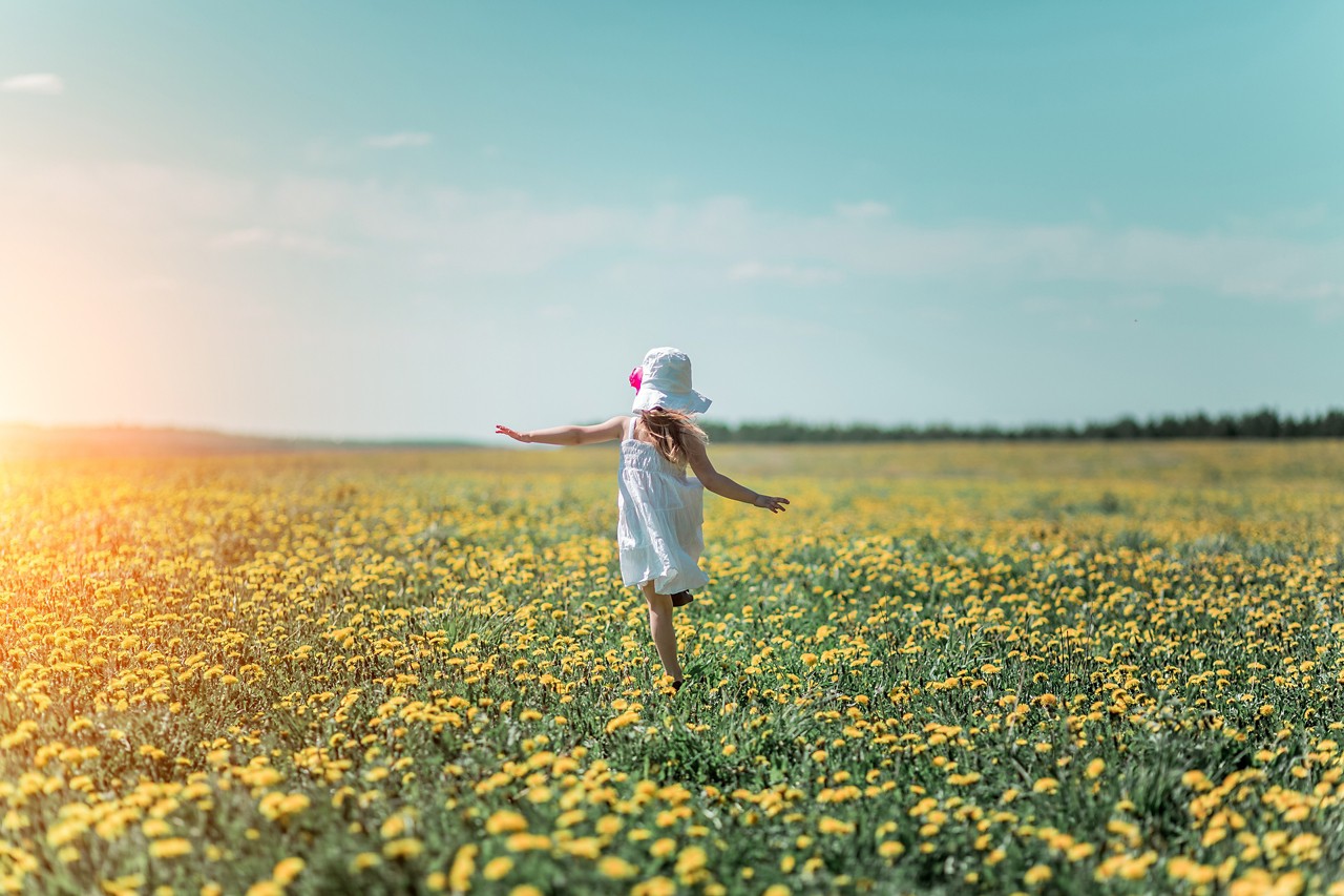 Little girl in white hat and white dress in a field of flowers in the summer.