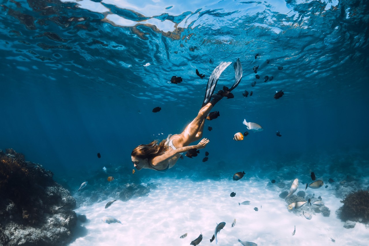 Beauty freediver lady with fins glides underwater with fishes in transparent blue ocean