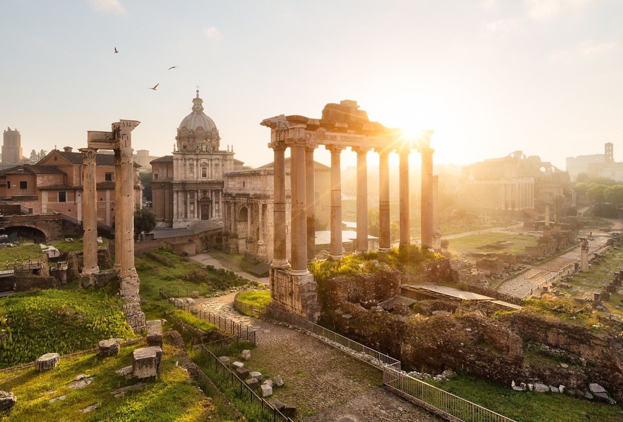 Sunrise at roman ruins in Rome, Forum
