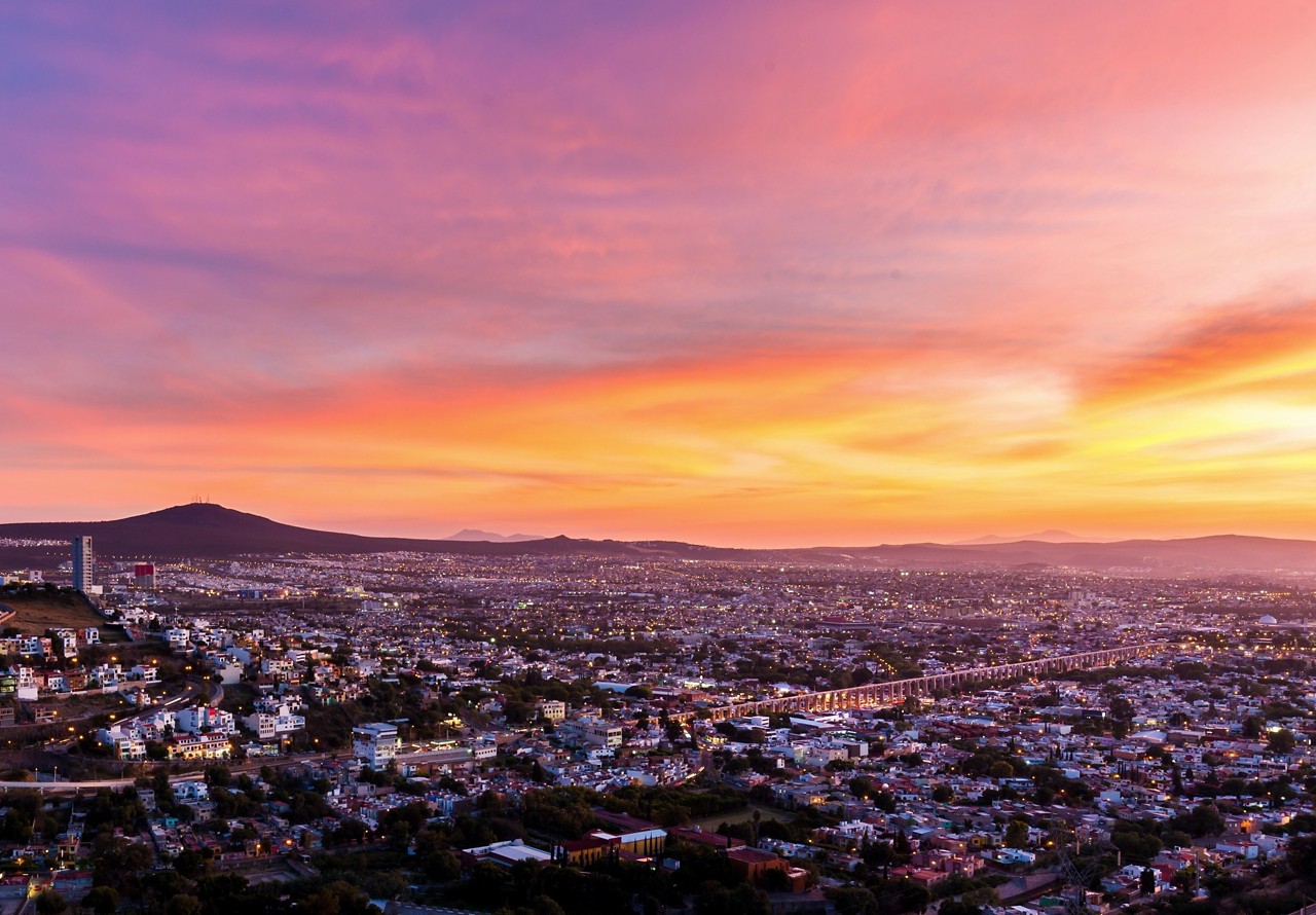 The aqueduct of Queretaro, is currently building a monumental 74 arches reaching an average height of 28.5 m and a length of 1298 m.  This aqueduct is the symbol of the city of Queretaro, Mexico.
