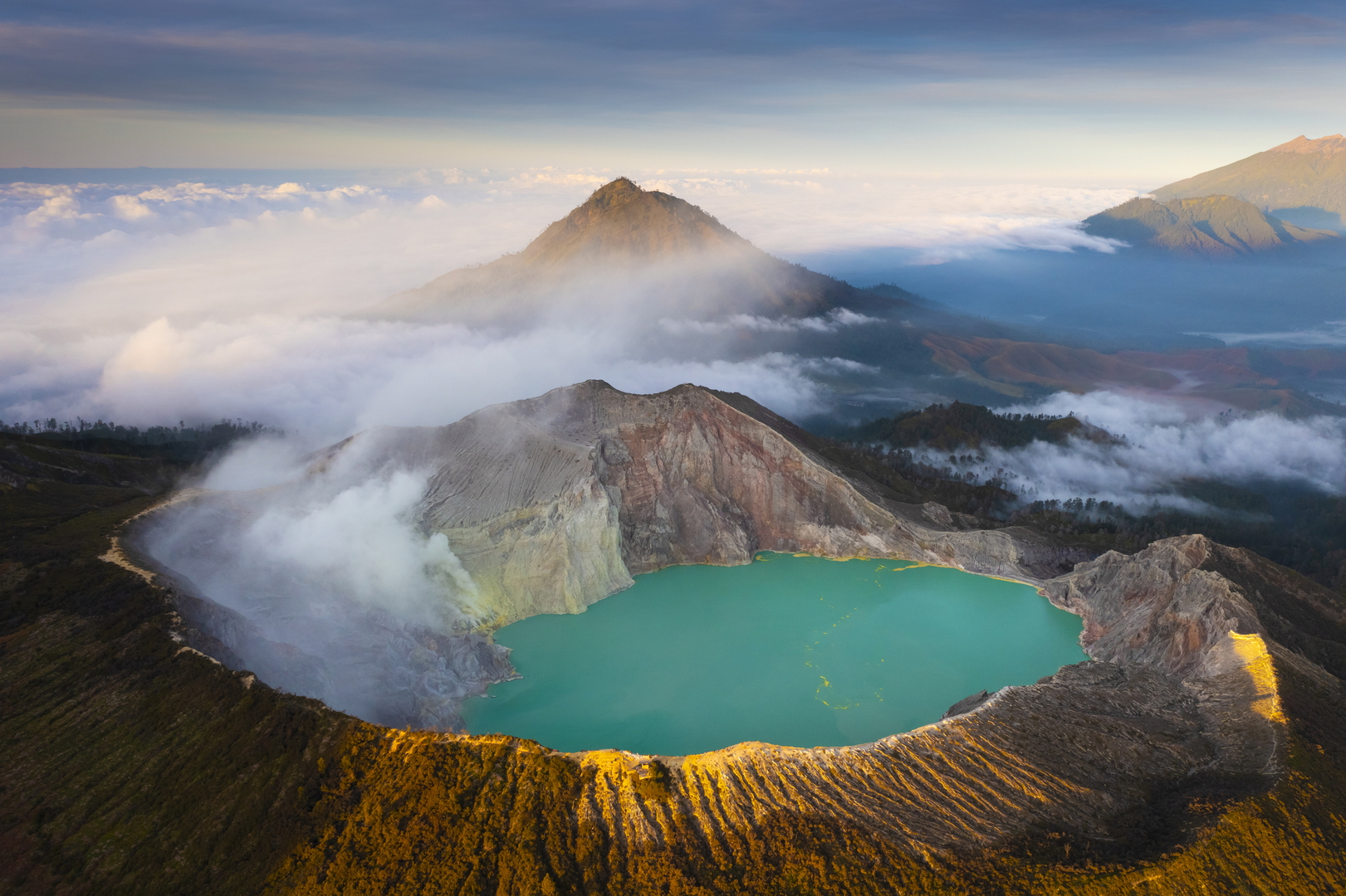 Aerial view of Misty Volcano of Kawah Ijen crater in East Java, Indonesia