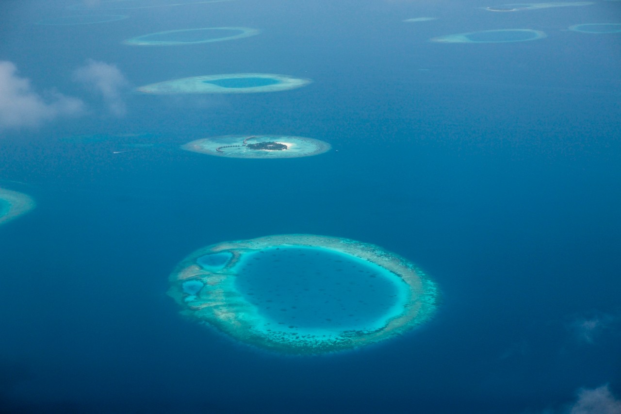 Aerial view of Thulhaagiri Island, North Male Atoll, Maldives