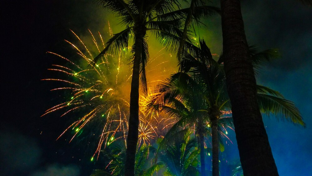 Latin American New Year’s traditions: Fireworks on the beach surrounded by palm trees